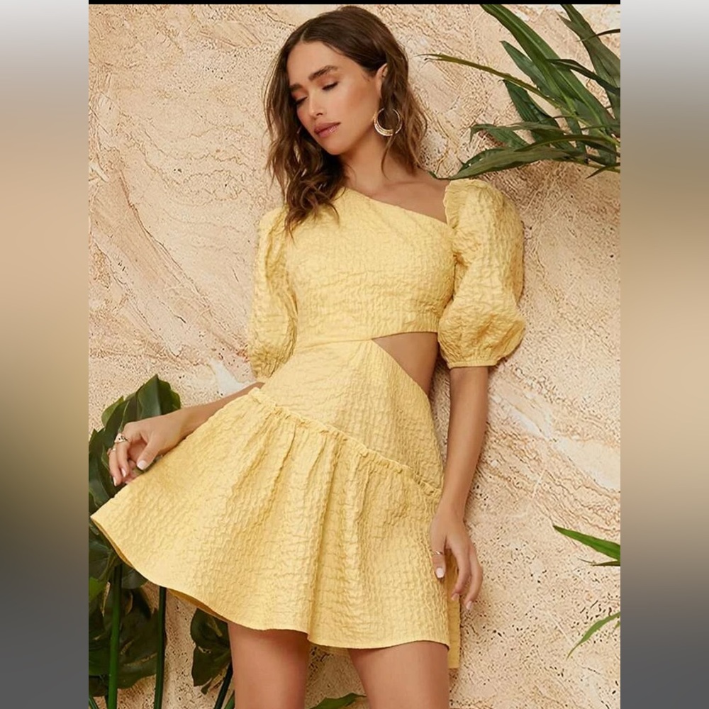Asymmetrical Neck Lantern Sleeve Cutout Waist Dress - Butter Yellow